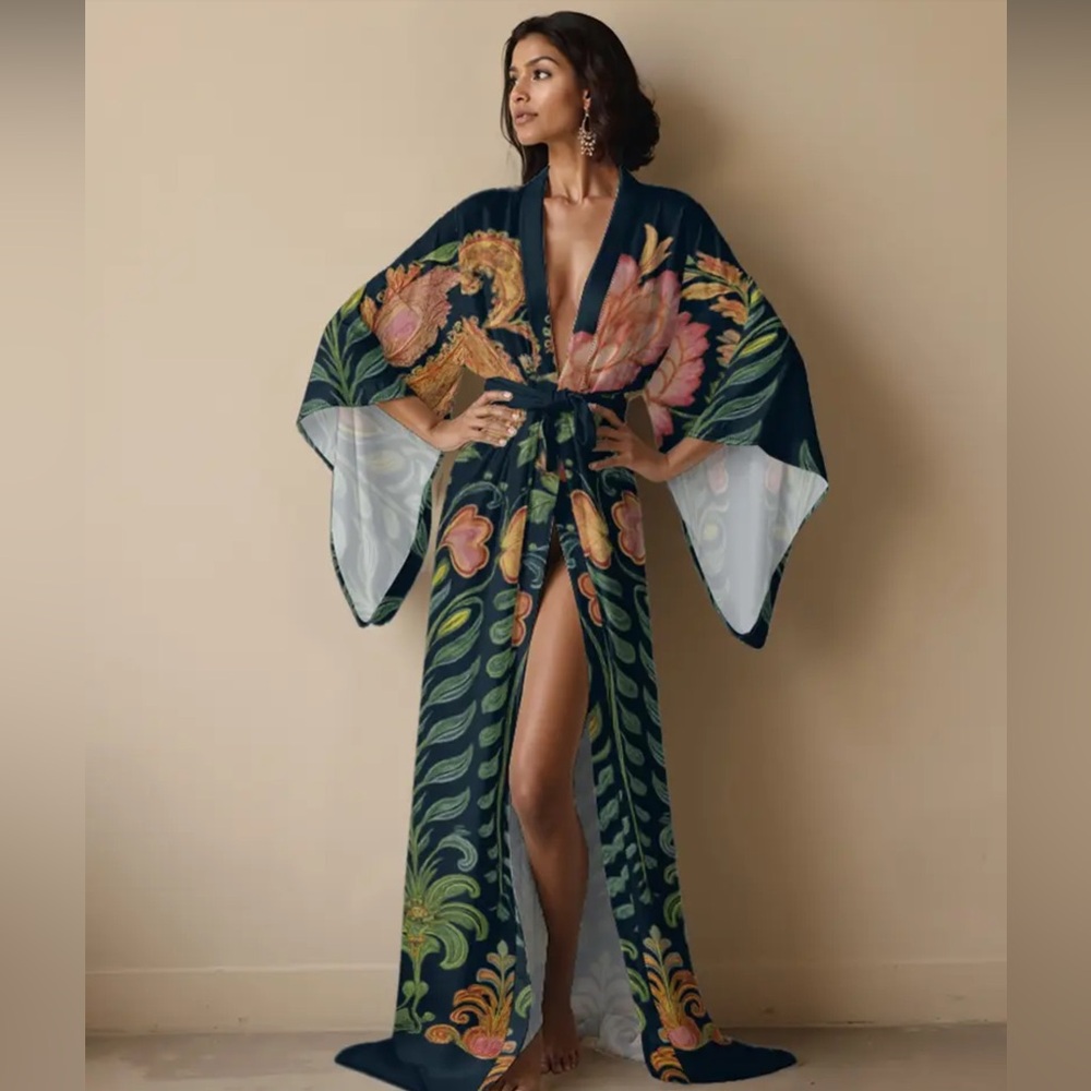 Bohemian Floral Kimono Maxi Dress - Black with Pink & Green - Picture 2 of 9